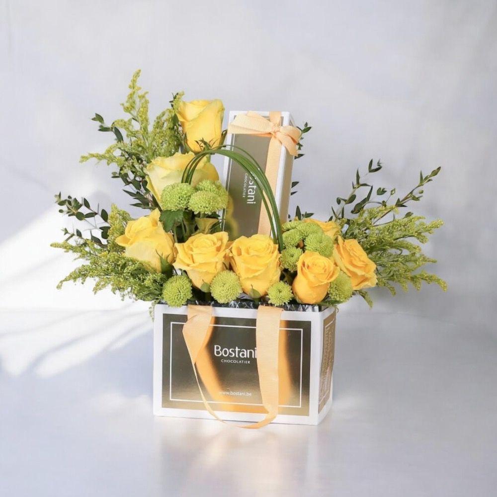 باقة ورد أصفر مع شوكولاتة بستاني | هدية فاخرة Flowery فلاوري.
