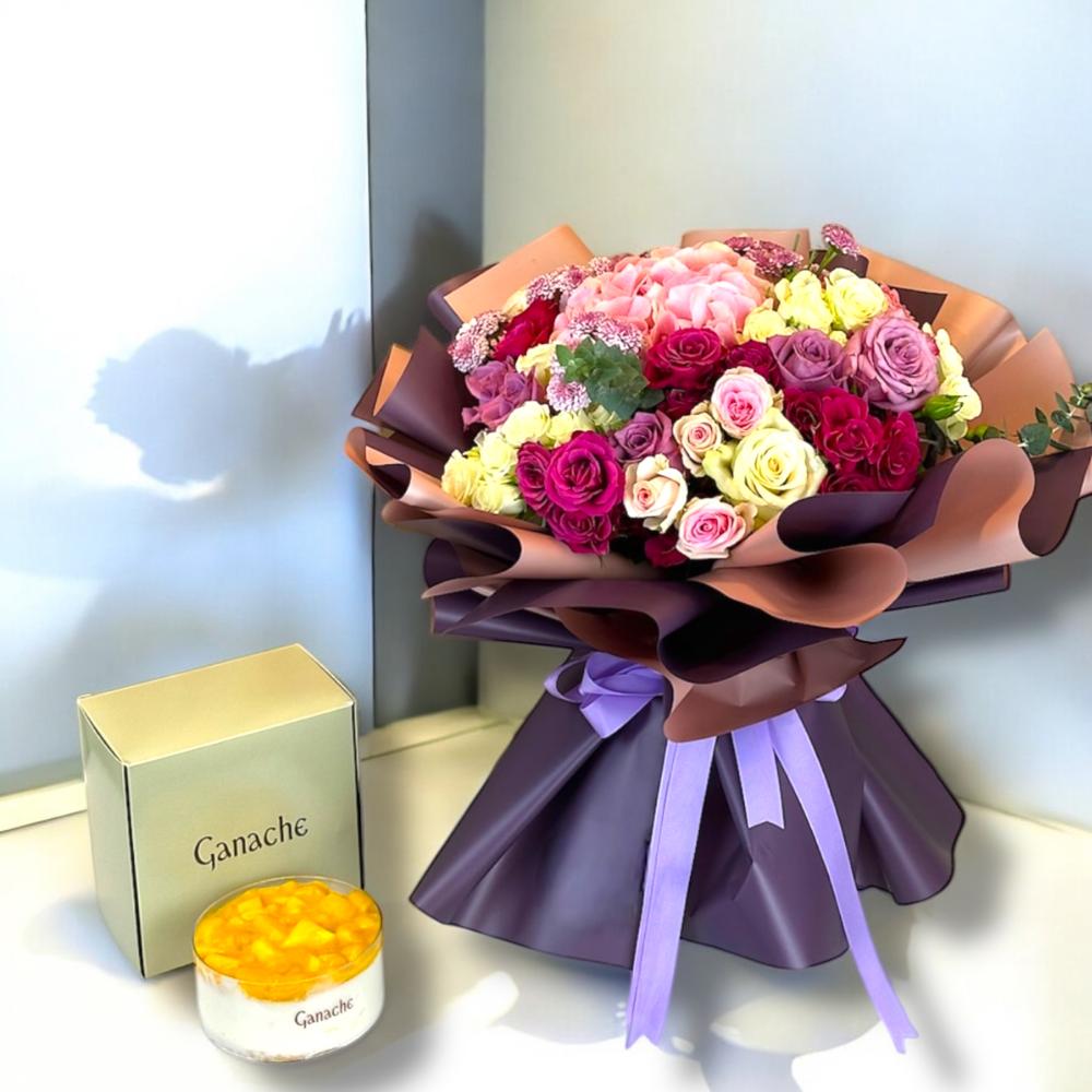 باقة ورد مع كيك Flowery فلاوري.