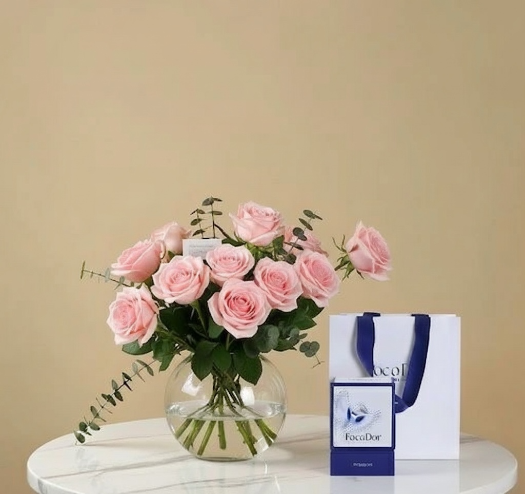 مزهرية الروز الوردي مع شوكولاتة بوكودور