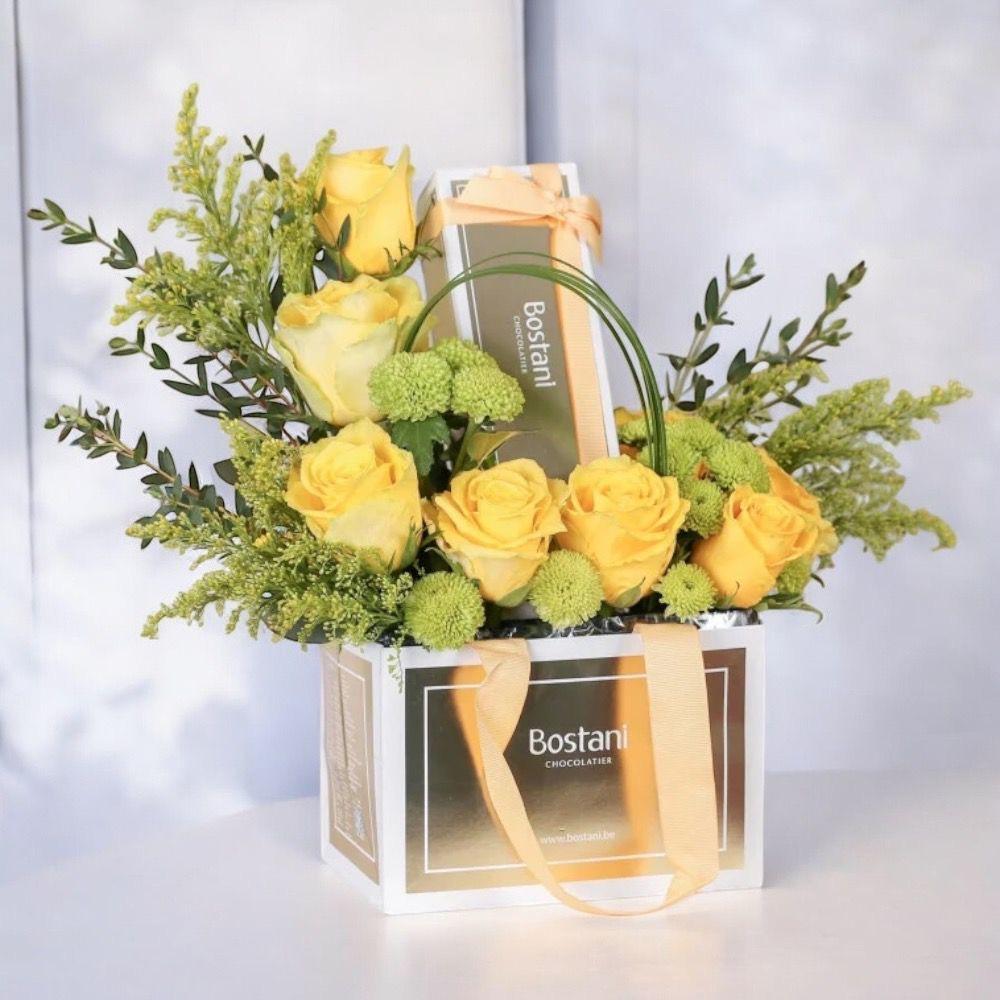 باقة ورد أصفر مع شوكولاتة بستاني | هدية فاخرة Flowery فلاوري.