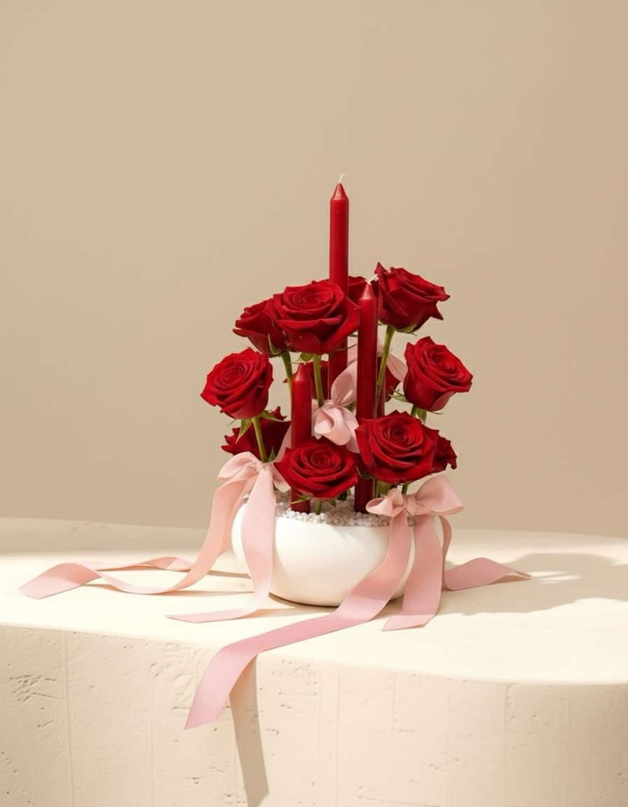 هدية ورد أحمر وشموع - تنسيق رومانسي أنيق