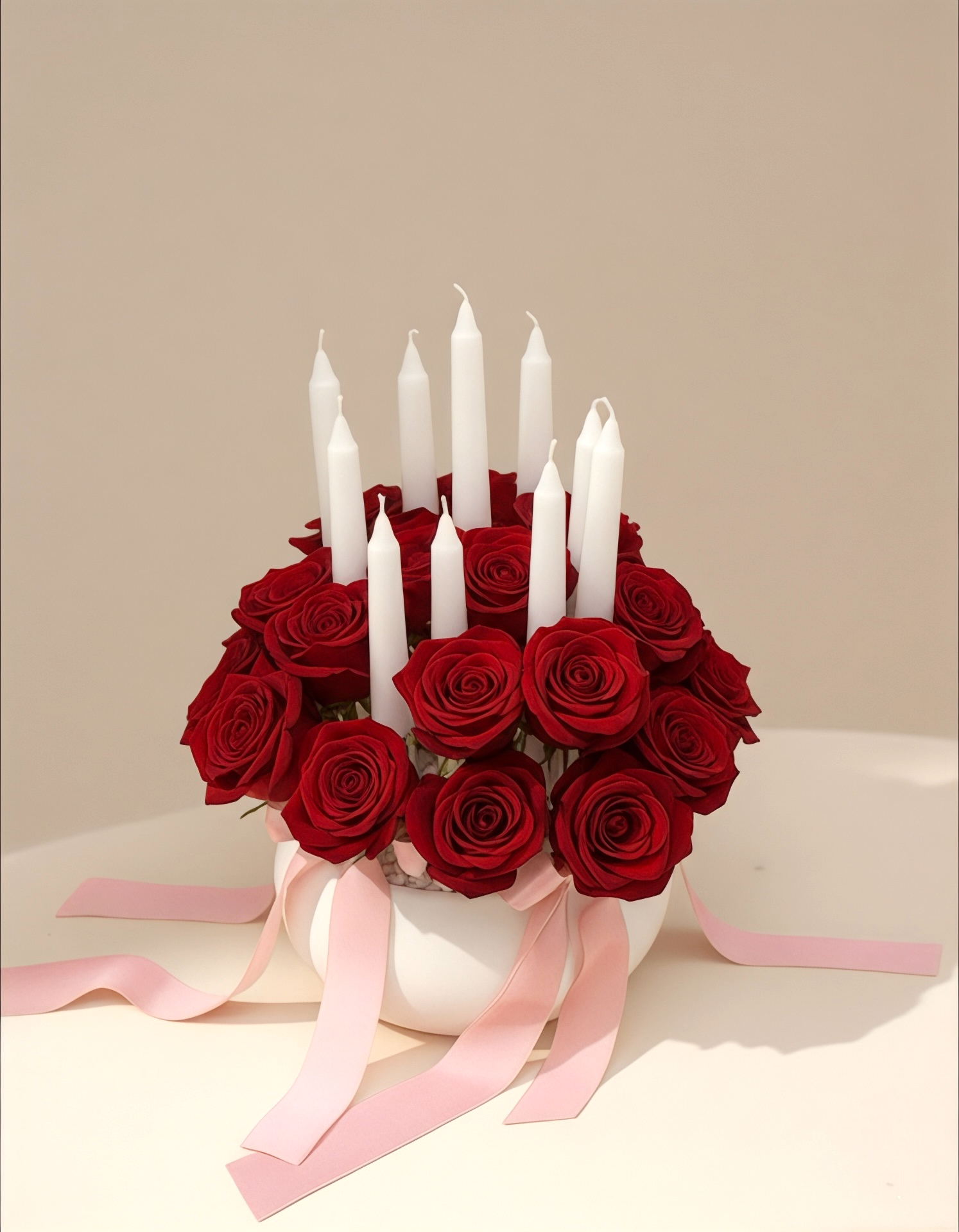 فازة الورد الأحمر والشموع البيضاء - هدية كلاسيكية فاخرة