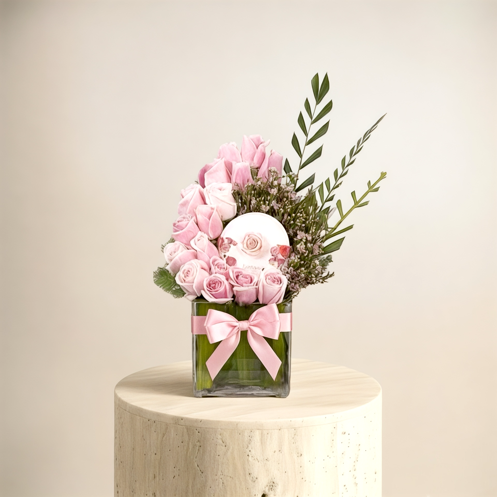 A bouquet of delicate roses with Bostani chocolates