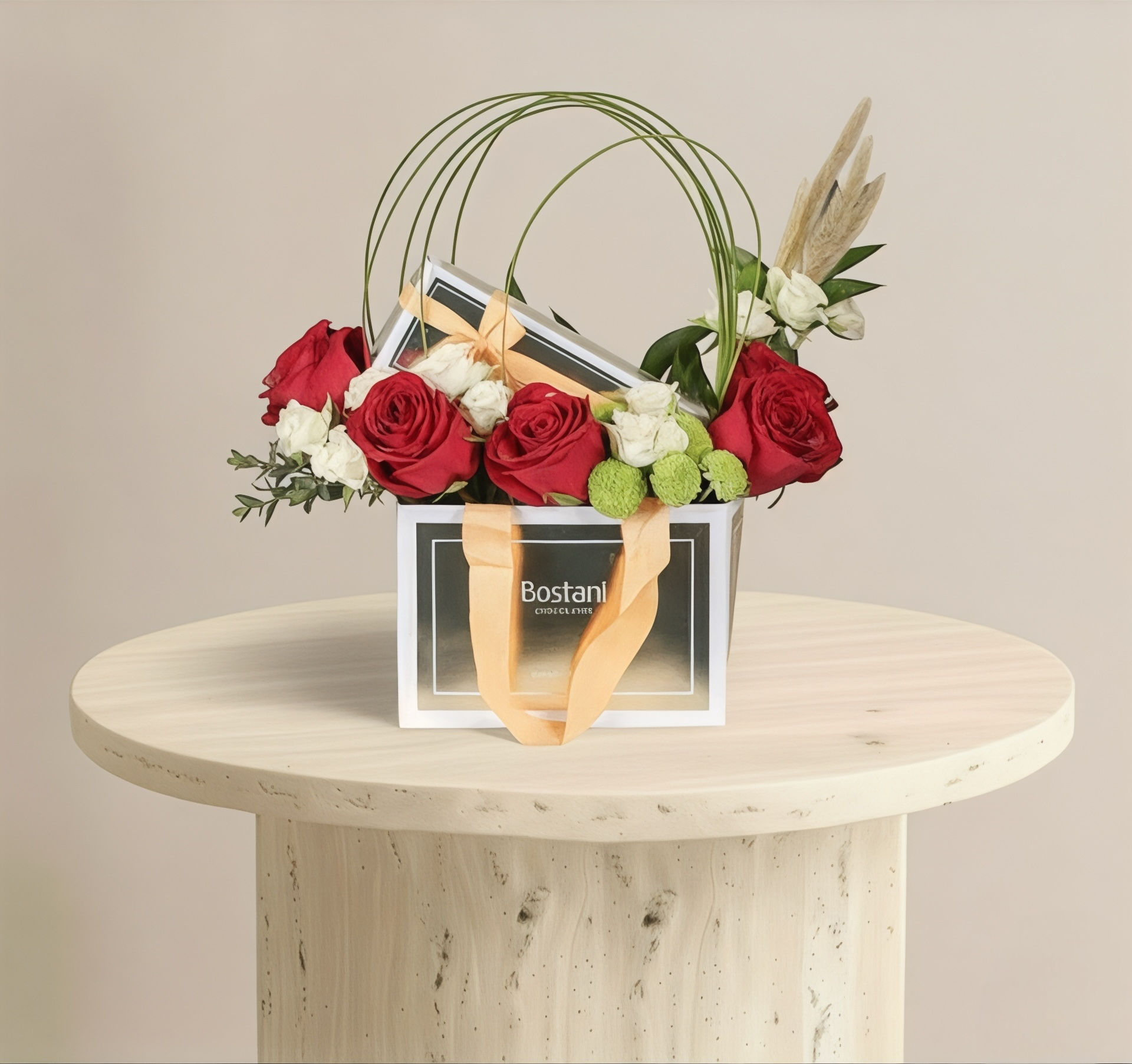 A bouquet of red roses with Bostani chocolates