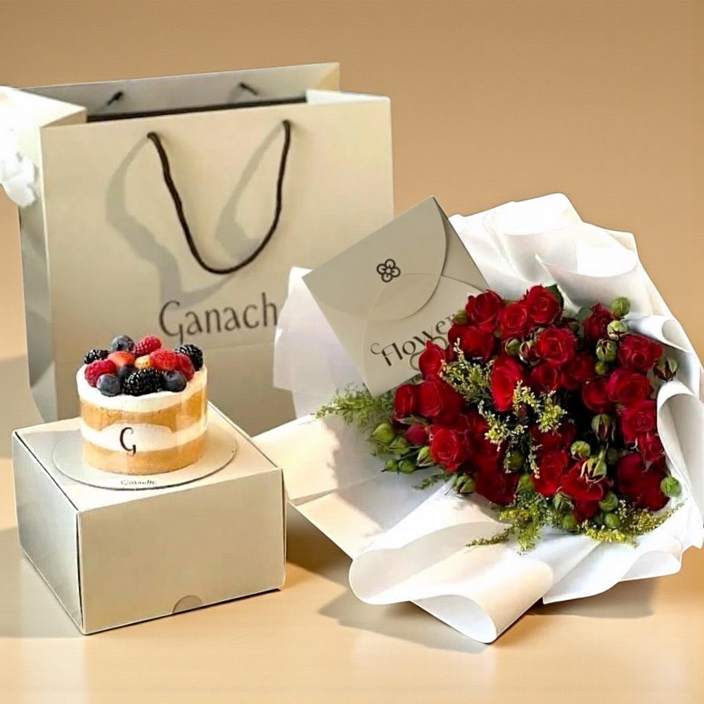 Red rose bouquet with ganache cake